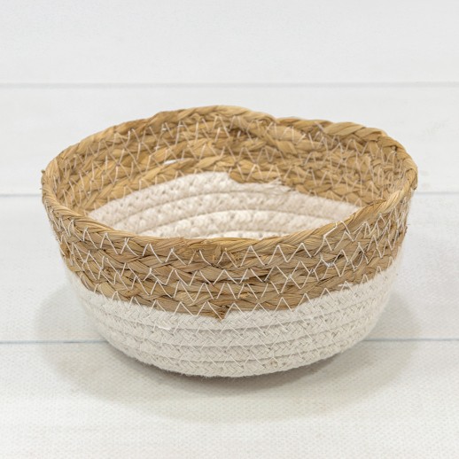 Корзина плетёная Круглая 15*7 (±5%) из камыша и хлопка (78) Натуральный/Белый 1/120 Арт: 420167/78