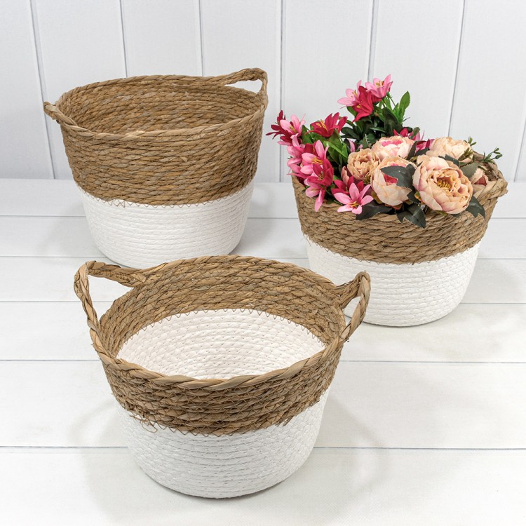 Корзины плетёные Круглые Набор 1/3 36*27 (±5%) из камыша и хлопка с ручками Натуральный/Белый 1/8 Арт: 420218/231