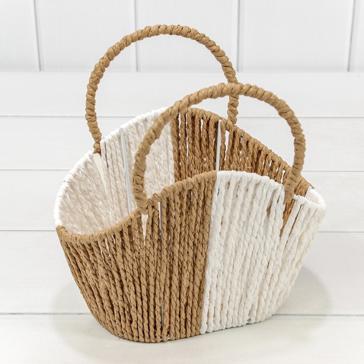 Корзина плетёная 21*13*10/15 (±5%) из бумаги с ручками Натуральный/Белый 1/80 Арт: 420123/48