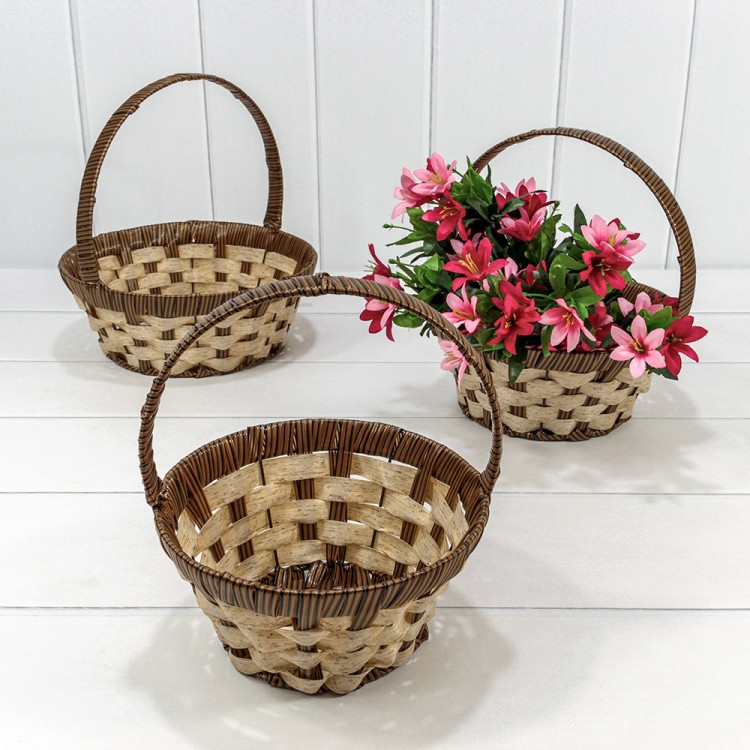 Корзины плетёные Круглые Набор 1/3 25*10 (±5%) из пластика с ручкой Коричневый/Бежевый 1/20 Арт: 420178/2197