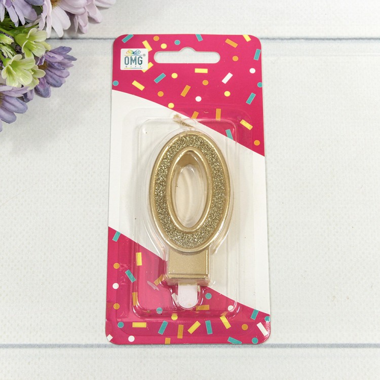 Свеча для торта Цифра 0 с блёстками 7см Золотой 1/12 1/120 Арт: 20010-81/0